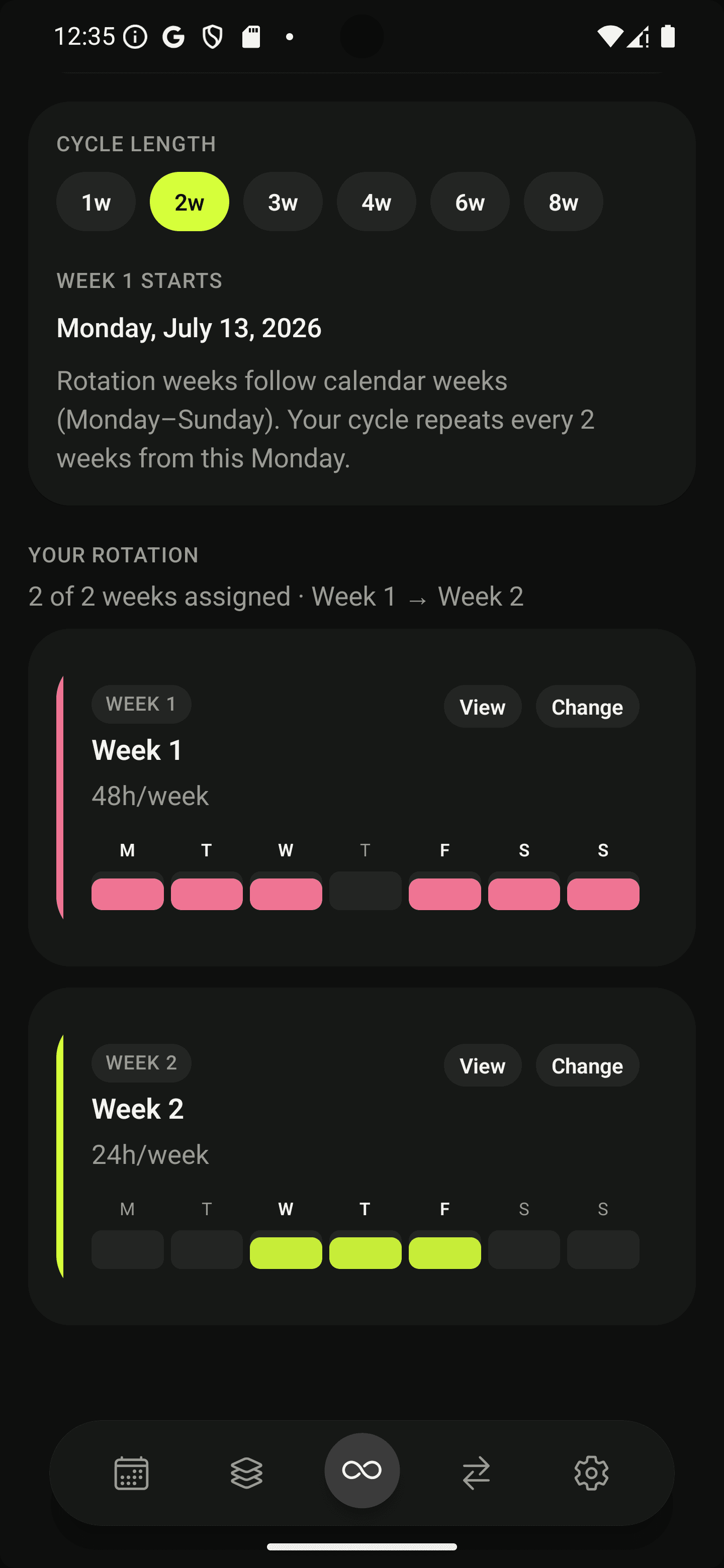 Omveta rotation screen showing a two-week cycle with assigned work patterns.
